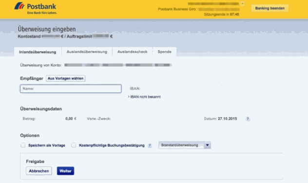 Postbank Bankueberweisung im Casino